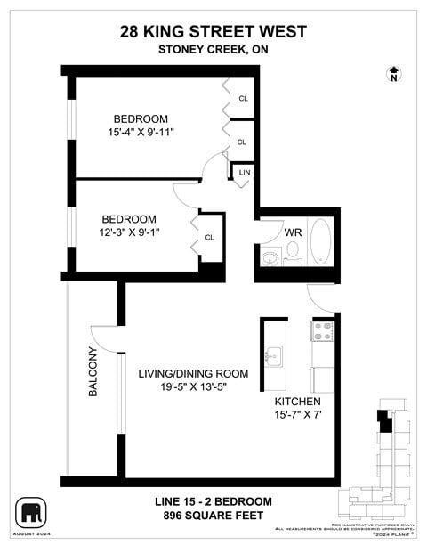 Floor plan for 2 beds, 1 bath, 890 sqft